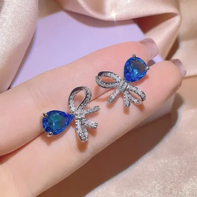 4 Pcs Blue Bowknot Water Droplets Jewellery Set